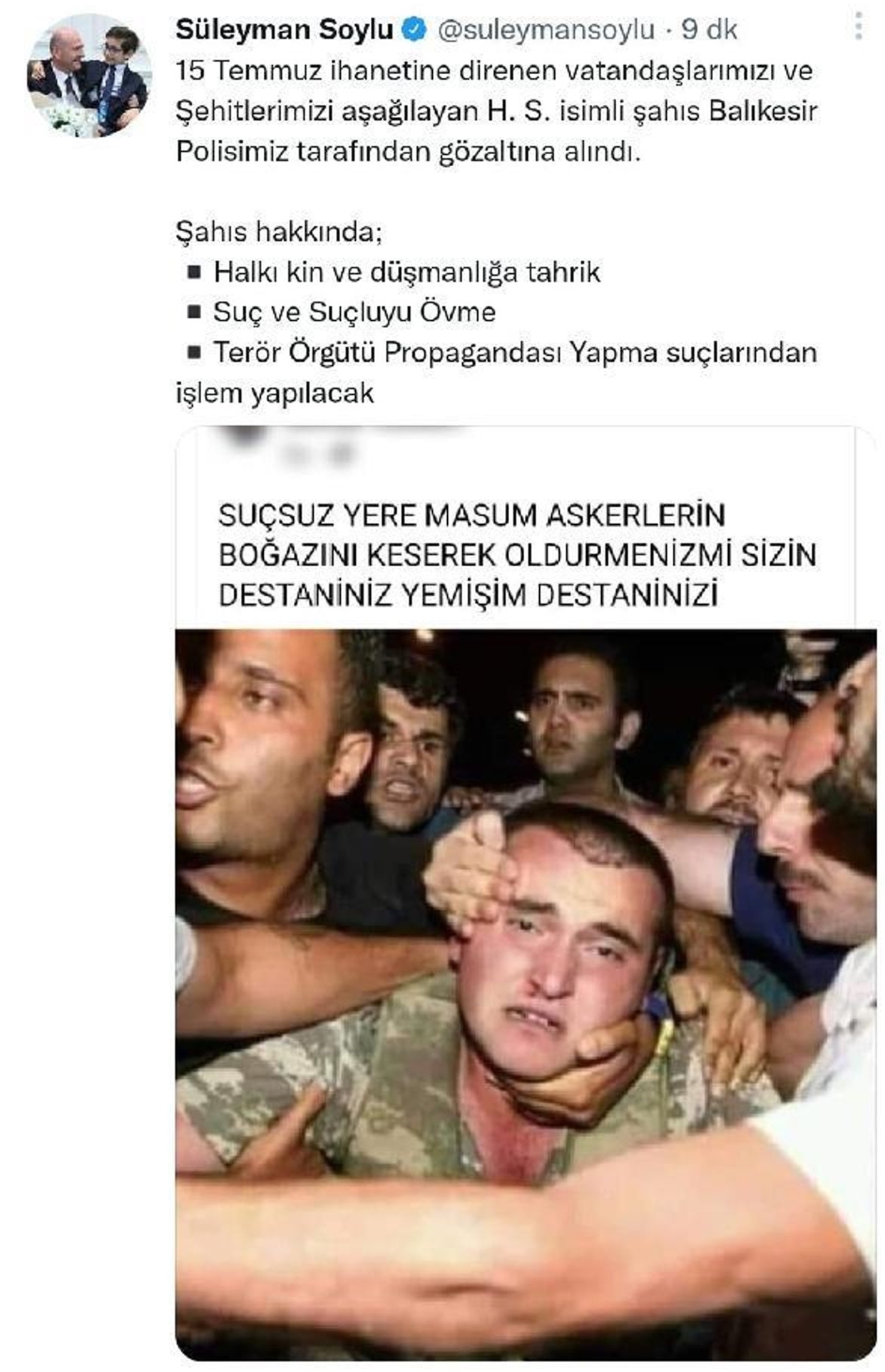 Bakan Soylu duyurdu! 15 Temmuz ile ilgili vatandaşlarla şehitlere yönelik aşağılayıcı paylaşım yapan kişiye gözaltı